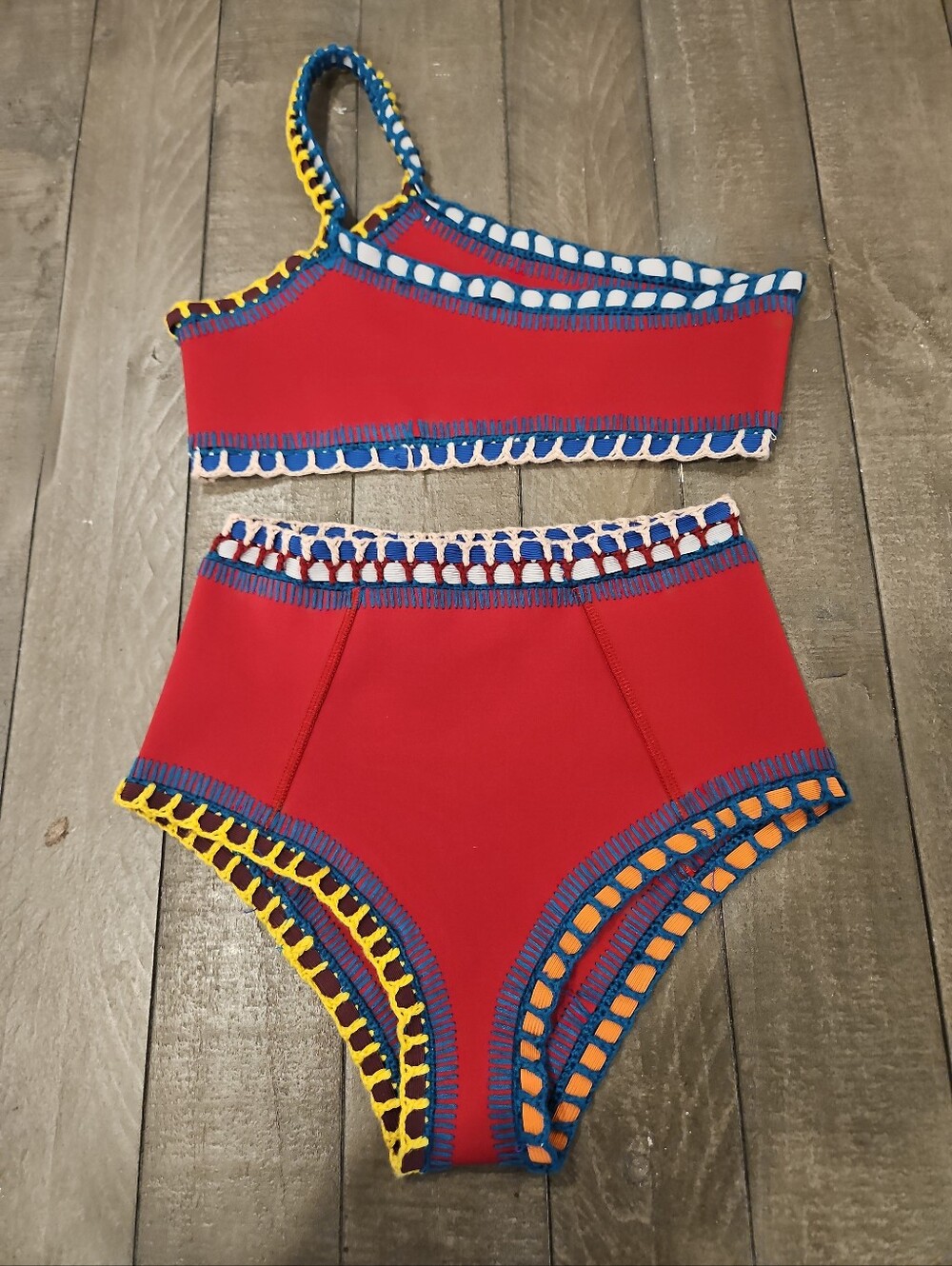 Kiini Red Crochet Trim One Shoulder Bikini Set Size Small High Waist Swim